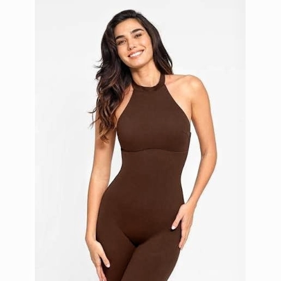 NWOT Popilish Shapeware Body Sculpting Halter Neck Jumpsuit| Brown| Small - Picture 2 of 12